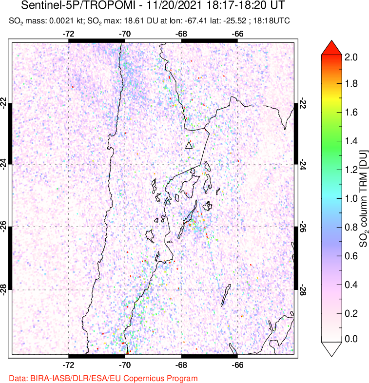 A sulfur dioxide image over Northern Chile on Nov 20, 2021.