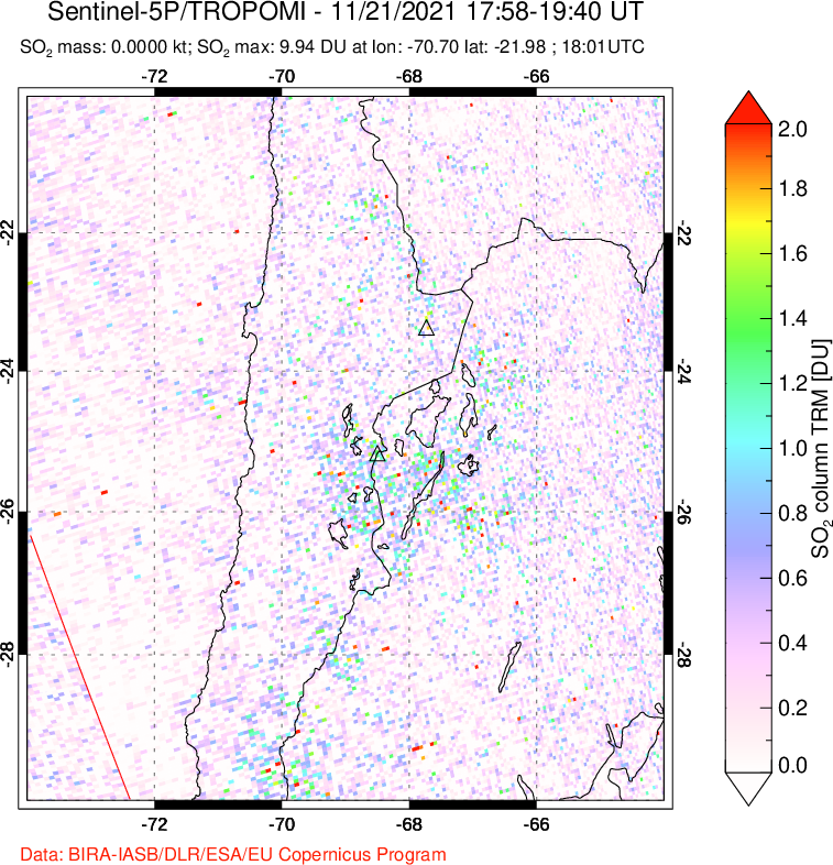 A sulfur dioxide image over Northern Chile on Nov 21, 2021.