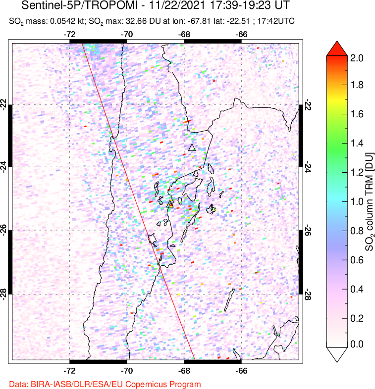 A sulfur dioxide image over Northern Chile on Nov 22, 2021.