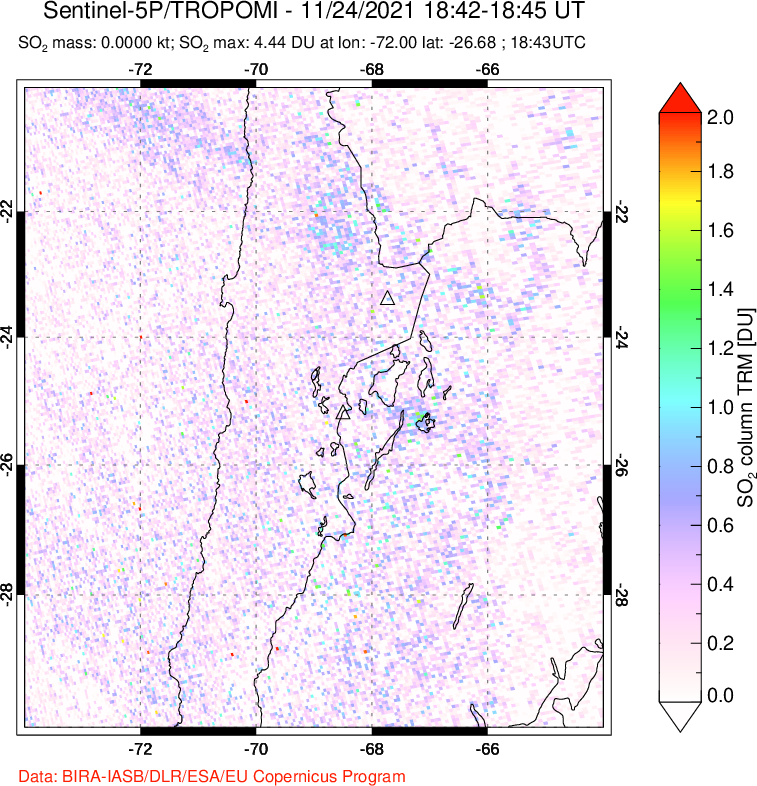 A sulfur dioxide image over Northern Chile on Nov 24, 2021.