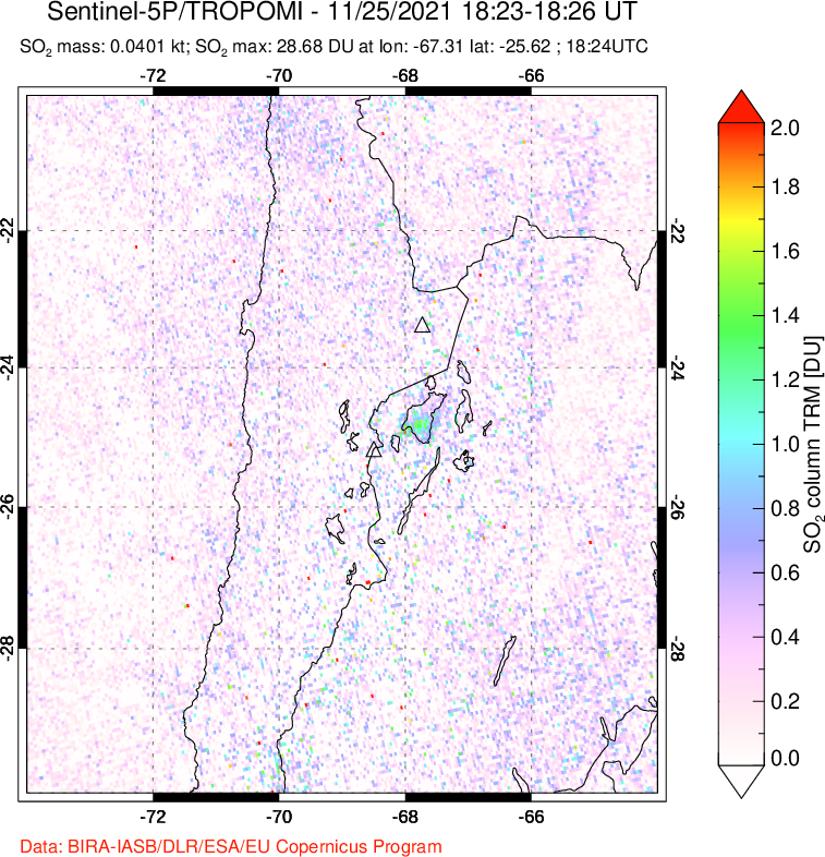 A sulfur dioxide image over Northern Chile on Nov 25, 2021.