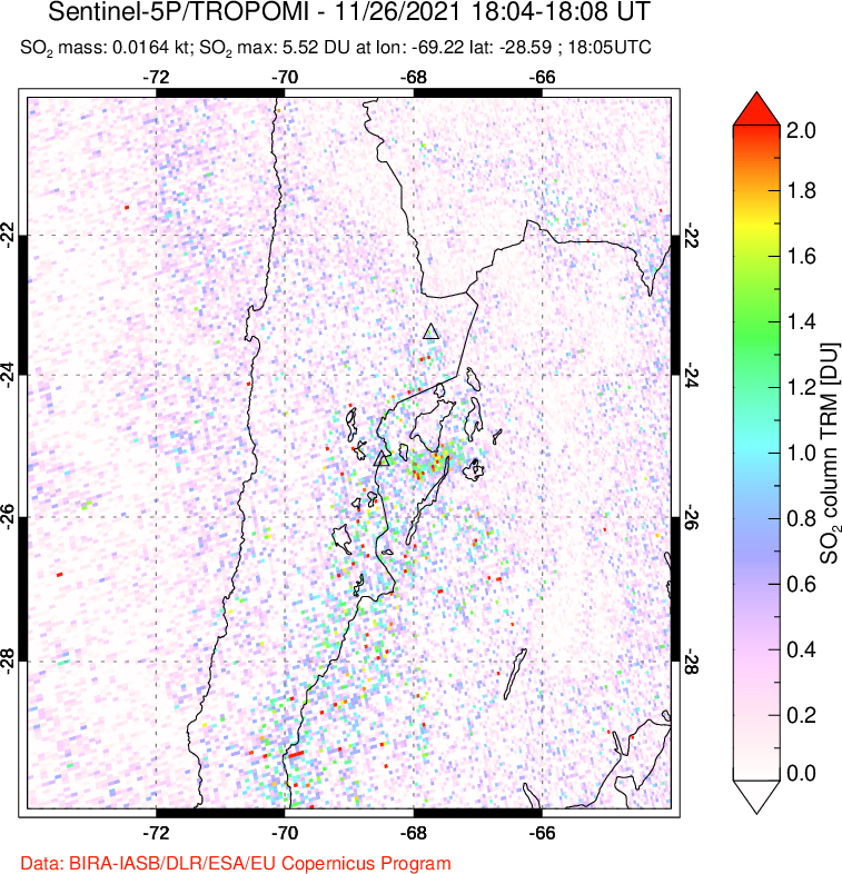 A sulfur dioxide image over Northern Chile on Nov 26, 2021.