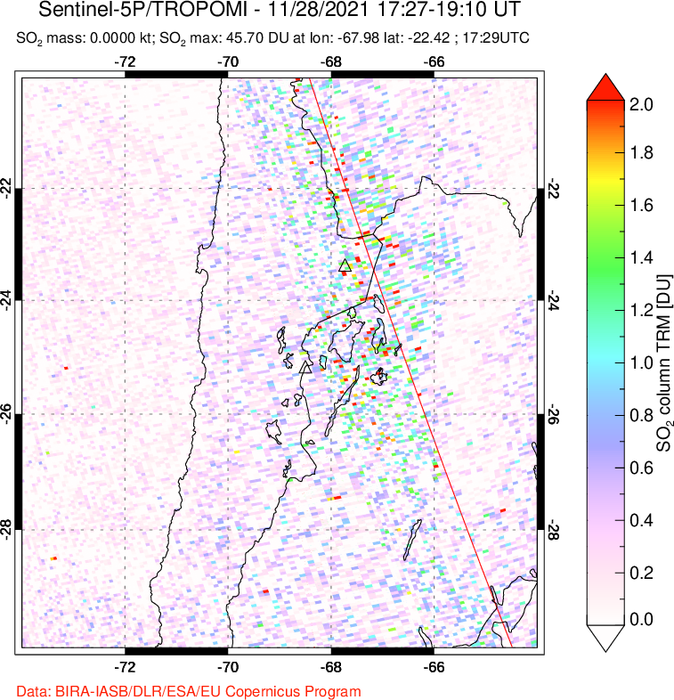 A sulfur dioxide image over Northern Chile on Nov 28, 2021.