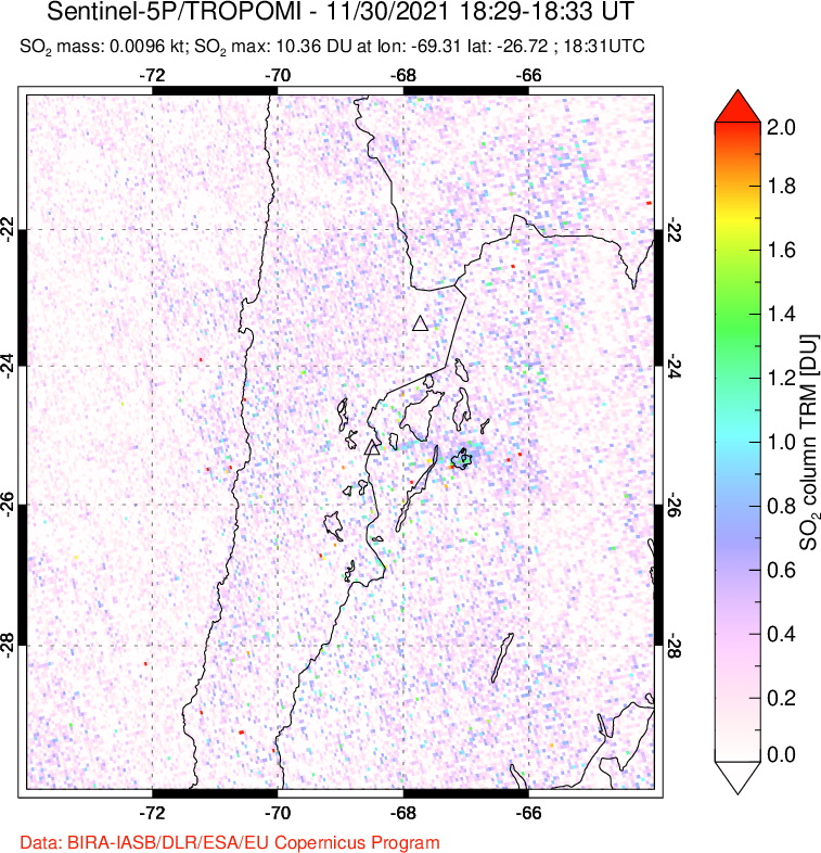 A sulfur dioxide image over Northern Chile on Nov 30, 2021.