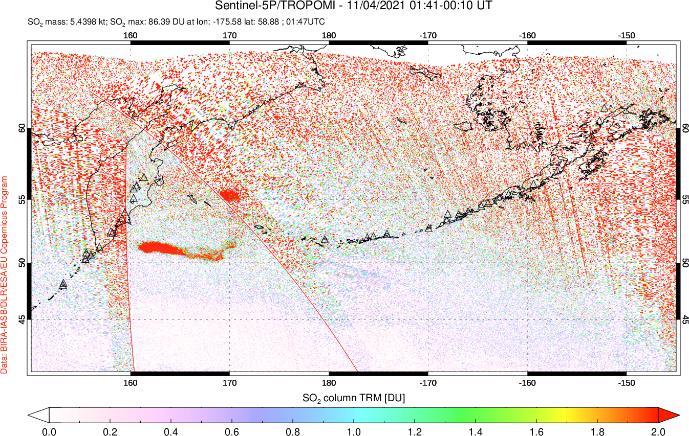 A sulfur dioxide image over North Pacific on Nov 04, 2021.