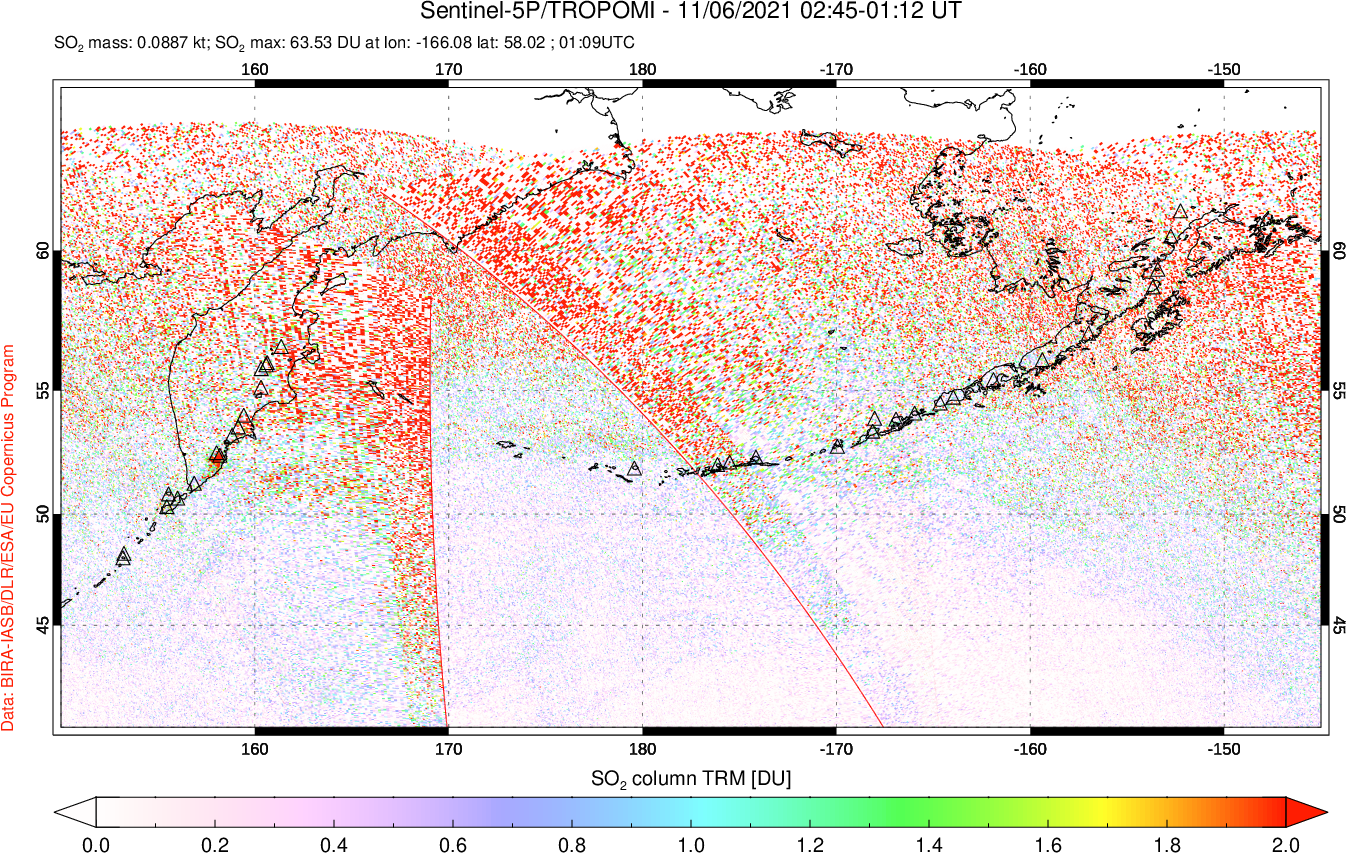 A sulfur dioxide image over North Pacific on Nov 06, 2021.