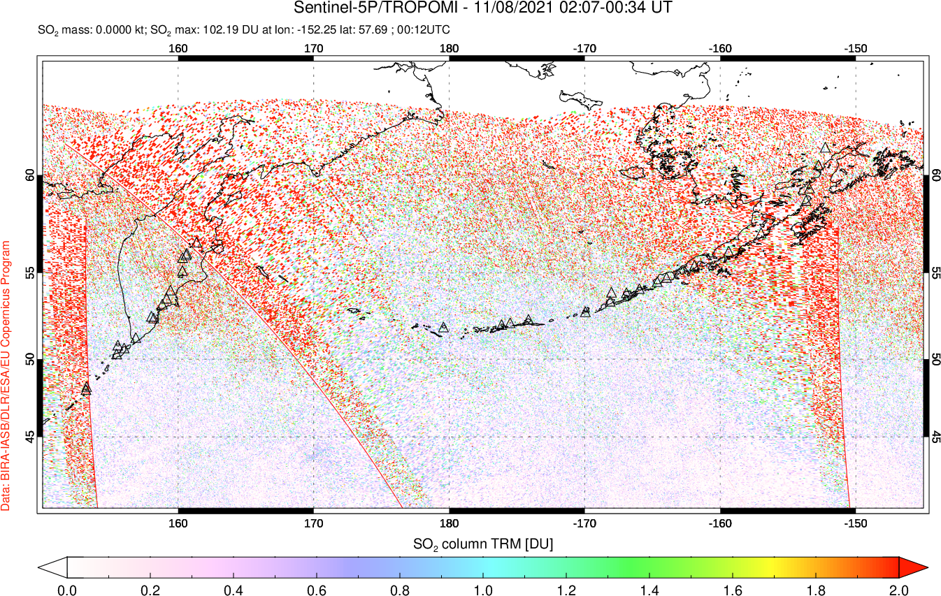 A sulfur dioxide image over North Pacific on Nov 08, 2021.