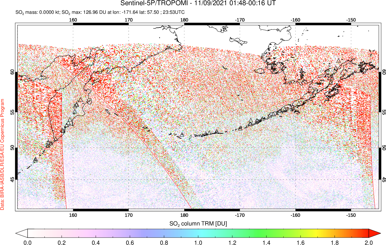 A sulfur dioxide image over North Pacific on Nov 09, 2021.