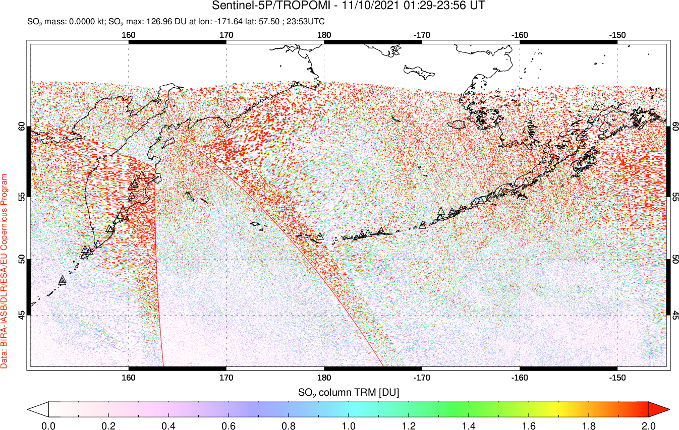 A sulfur dioxide image over North Pacific on Nov 10, 2021.