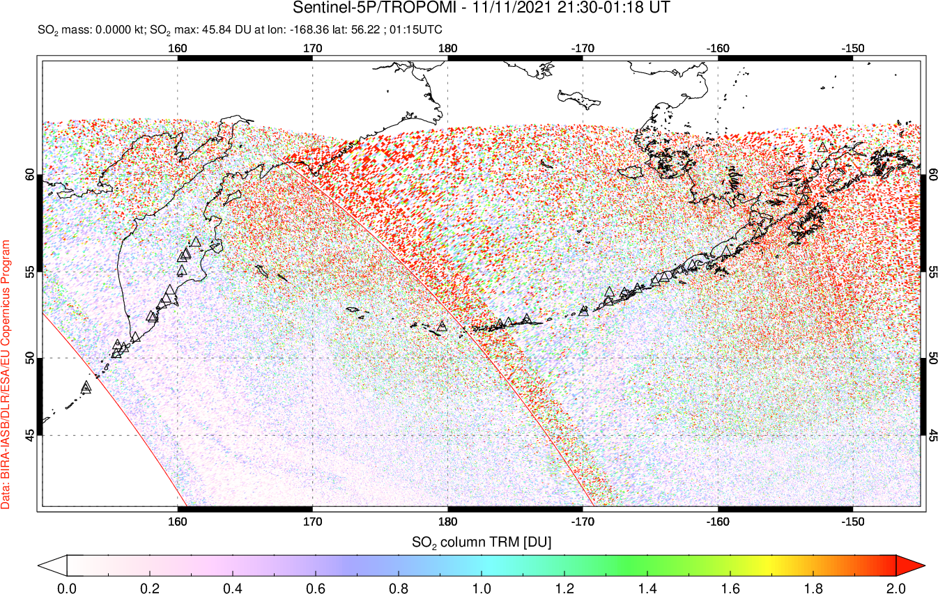 A sulfur dioxide image over North Pacific on Nov 11, 2021.