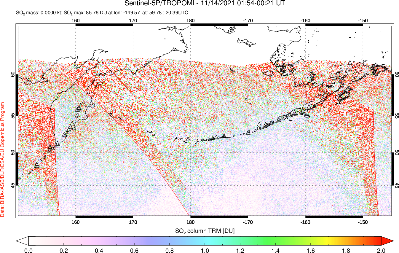 A sulfur dioxide image over North Pacific on Nov 14, 2021.