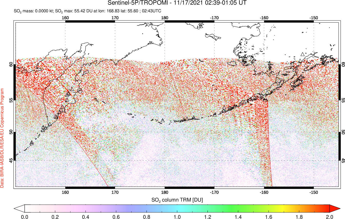 A sulfur dioxide image over North Pacific on Nov 17, 2021.