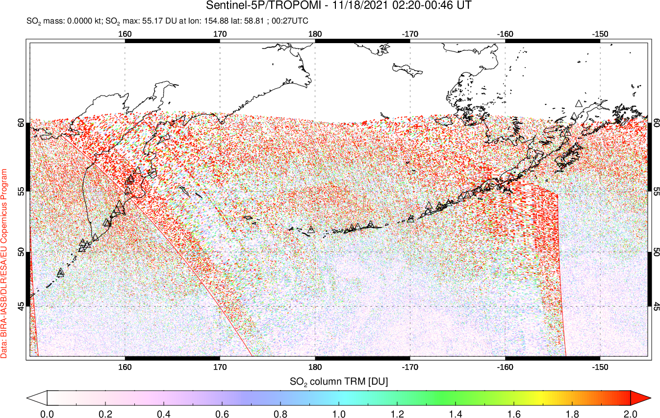 A sulfur dioxide image over North Pacific on Nov 18, 2021.