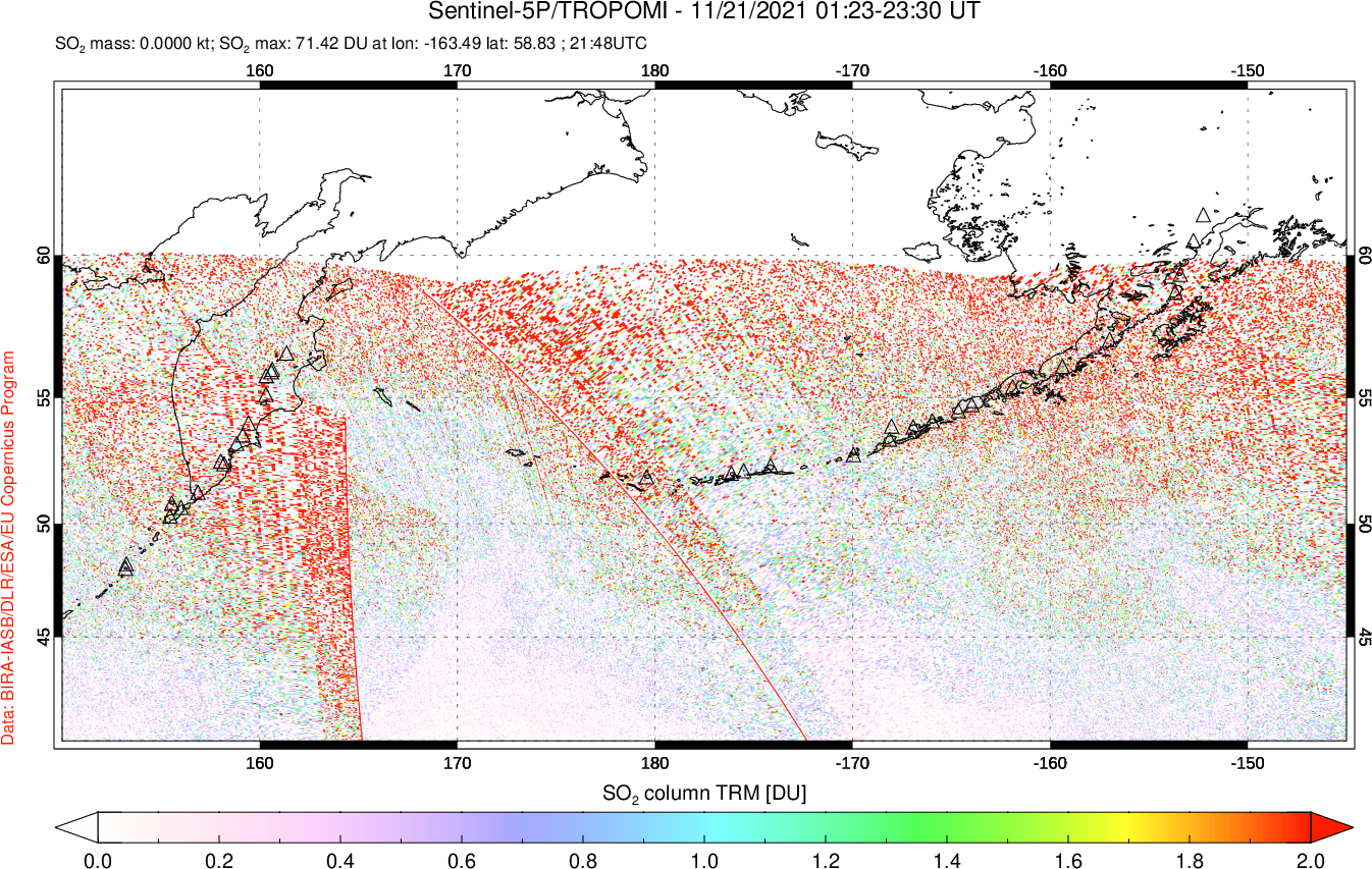 A sulfur dioxide image over North Pacific on Nov 21, 2021.