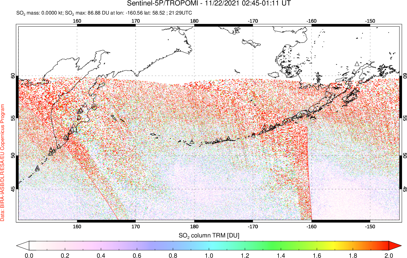 A sulfur dioxide image over North Pacific on Nov 22, 2021.