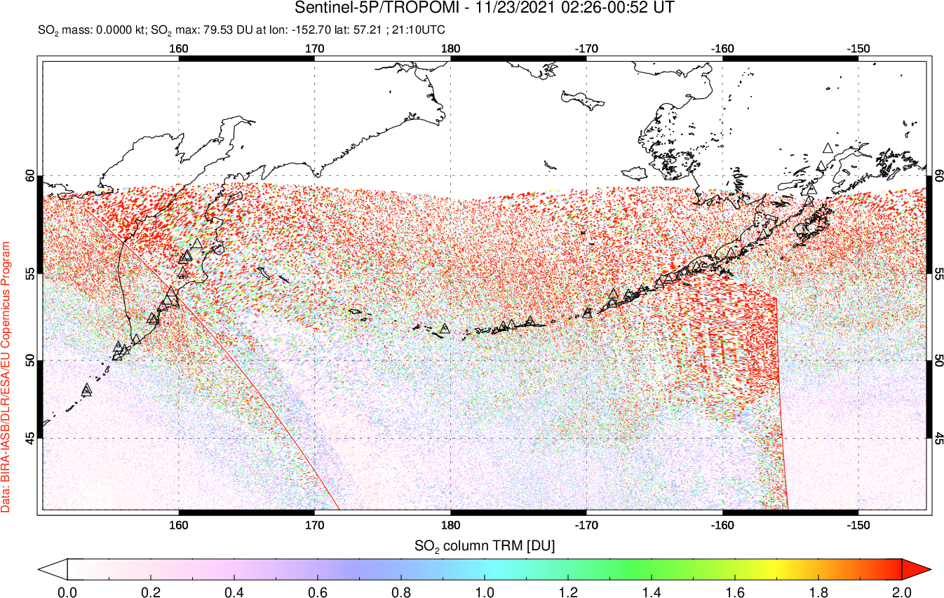 A sulfur dioxide image over North Pacific on Nov 23, 2021.