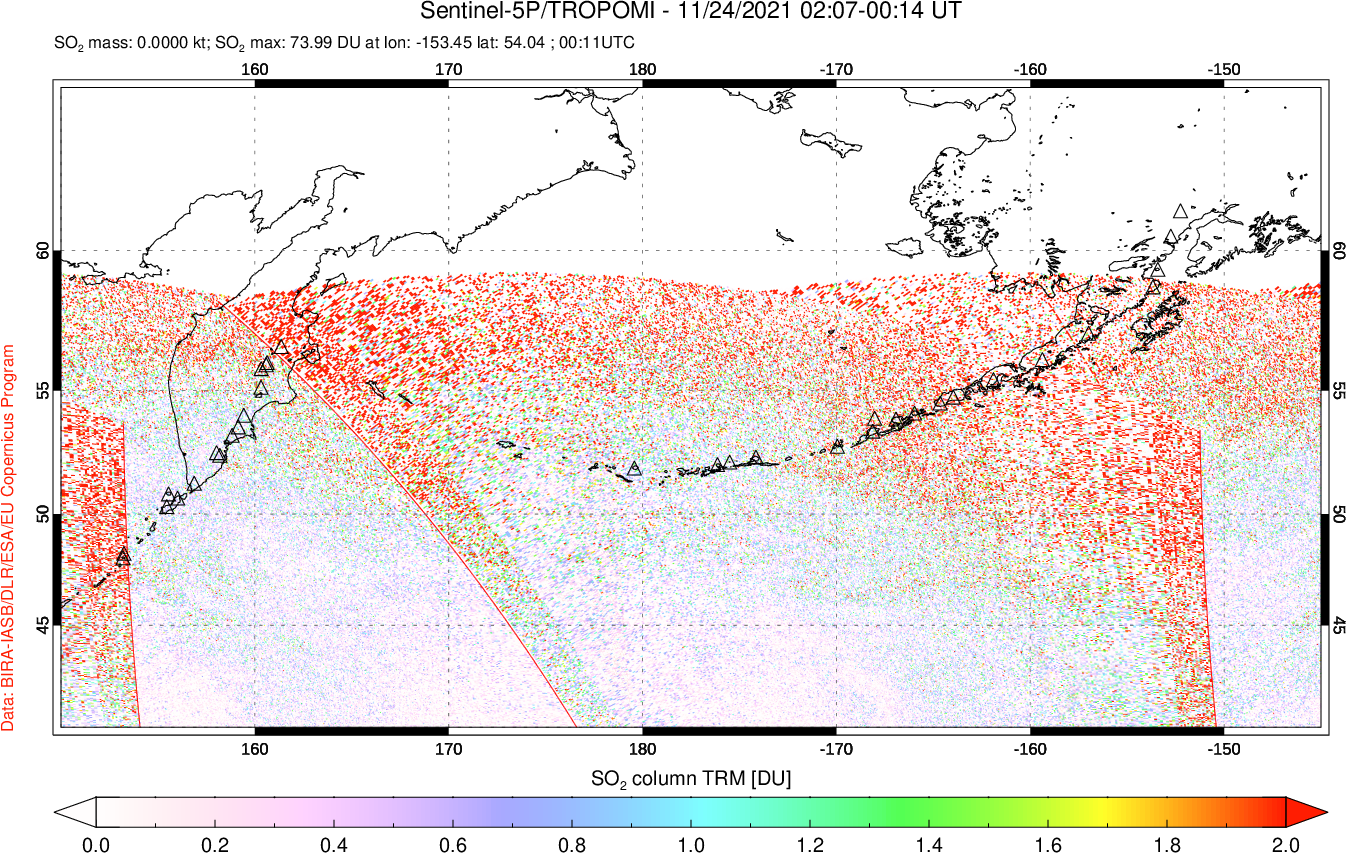 A sulfur dioxide image over North Pacific on Nov 24, 2021.