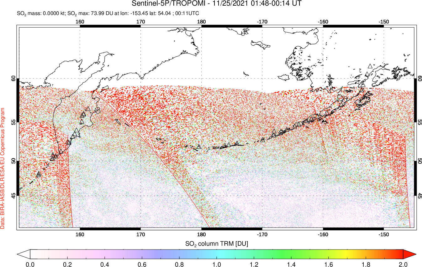 A sulfur dioxide image over North Pacific on Nov 25, 2021.