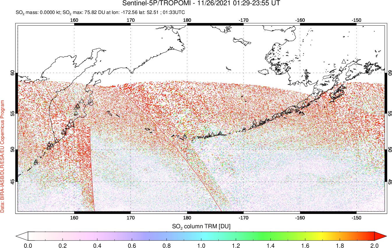 A sulfur dioxide image over North Pacific on Nov 26, 2021.