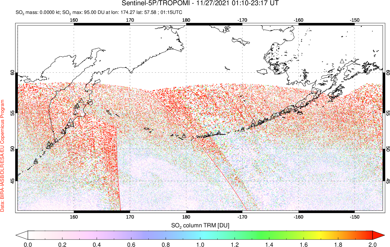 A sulfur dioxide image over North Pacific on Nov 27, 2021.