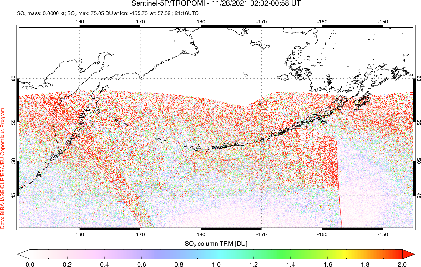 A sulfur dioxide image over North Pacific on Nov 28, 2021.