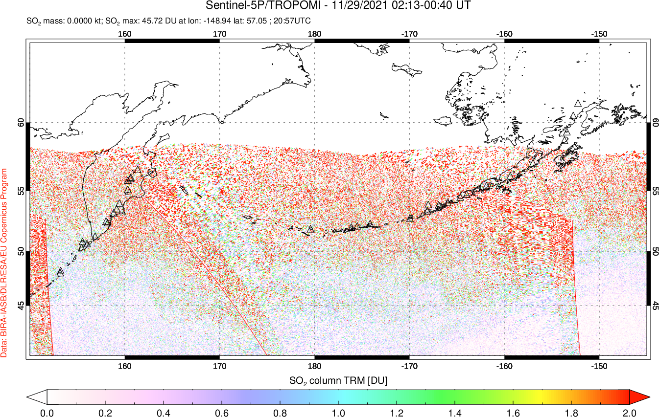 A sulfur dioxide image over North Pacific on Nov 29, 2021.