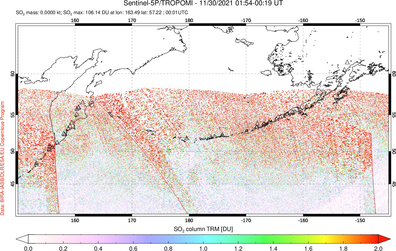 A sulfur dioxide image over North Pacific on Nov 30, 2021.