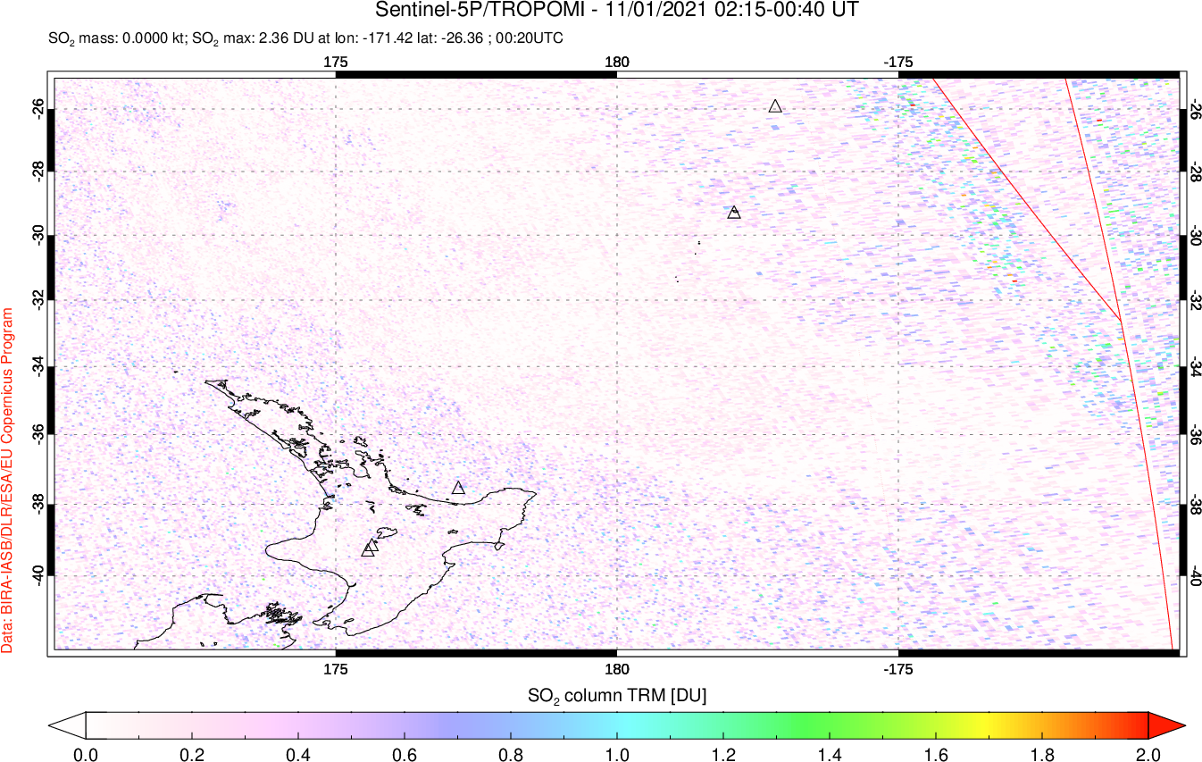 A sulfur dioxide image over New Zealand on Nov 01, 2021.