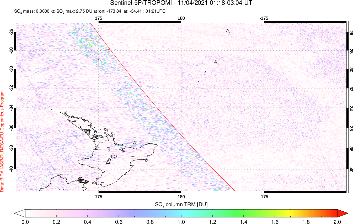 A sulfur dioxide image over New Zealand on Nov 04, 2021.