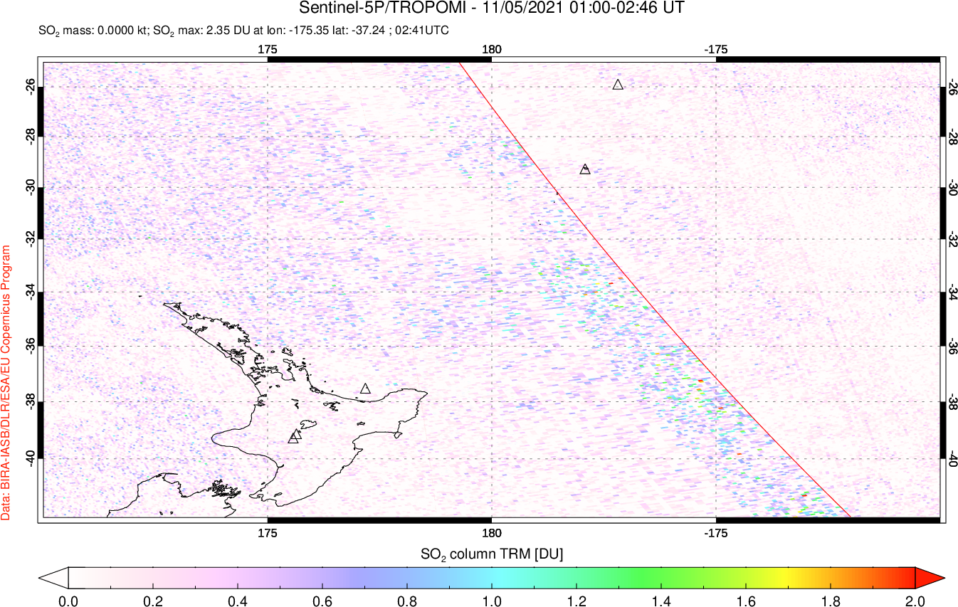 A sulfur dioxide image over New Zealand on Nov 05, 2021.