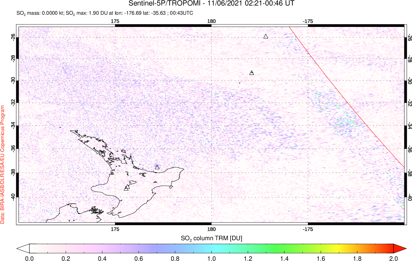 A sulfur dioxide image over New Zealand on Nov 06, 2021.