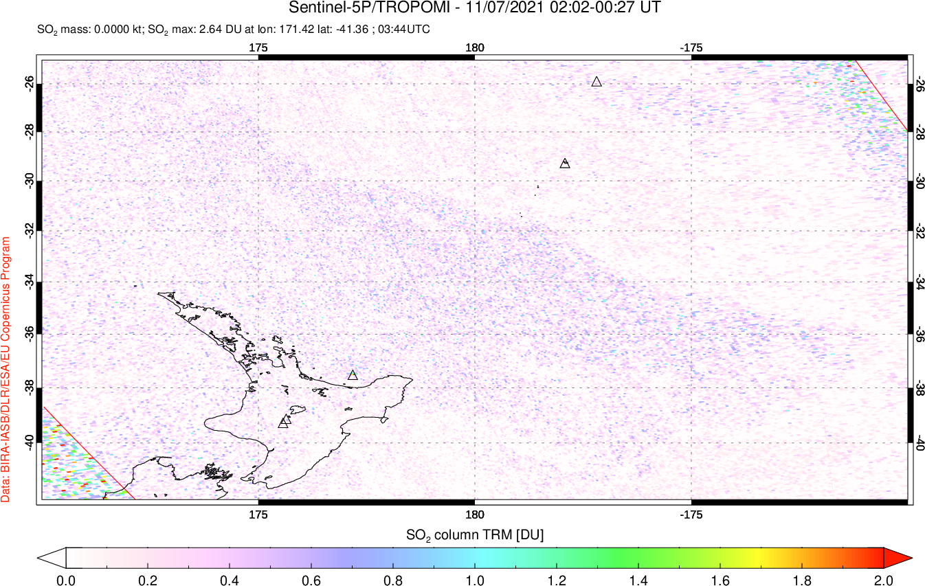 A sulfur dioxide image over New Zealand on Nov 07, 2021.