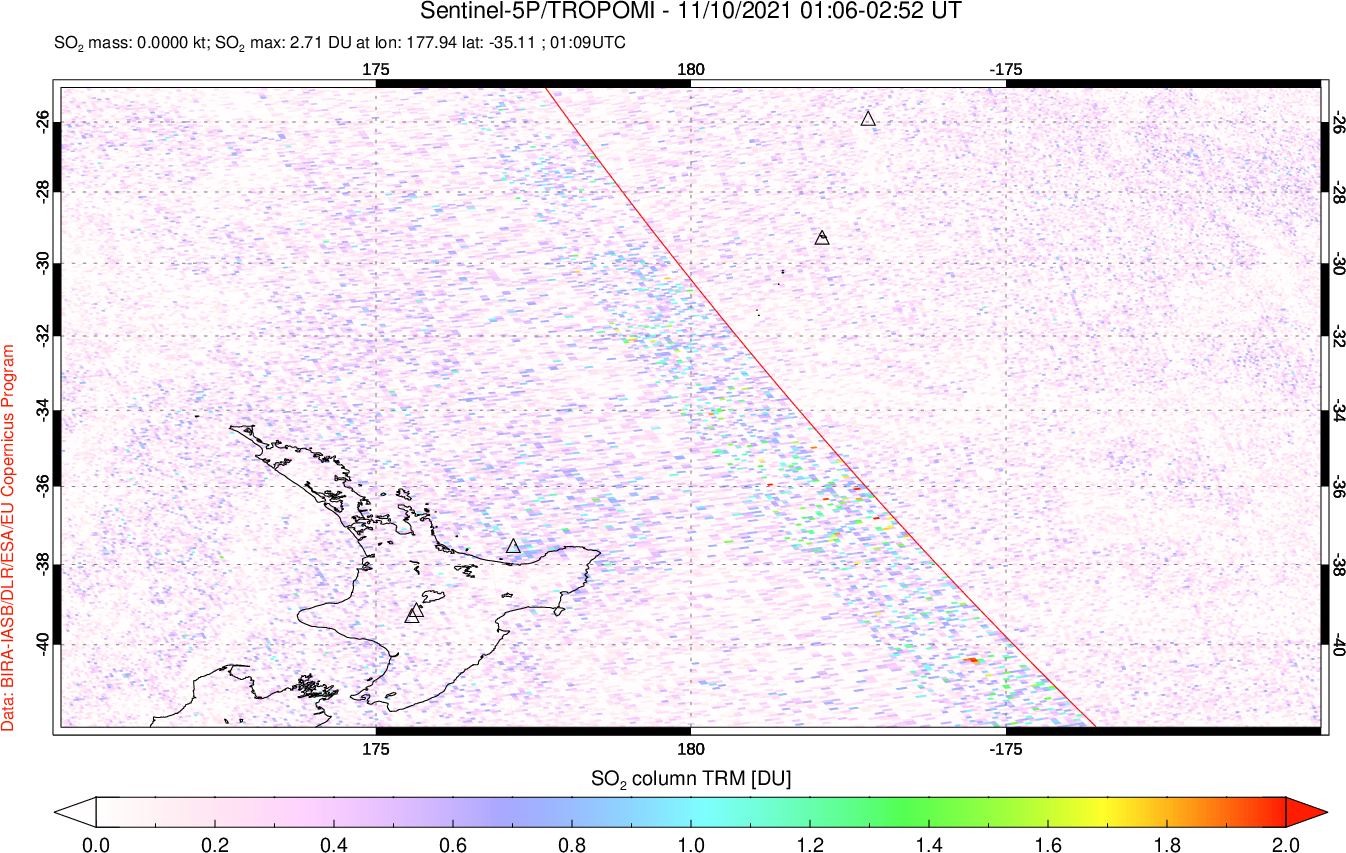 A sulfur dioxide image over New Zealand on Nov 10, 2021.