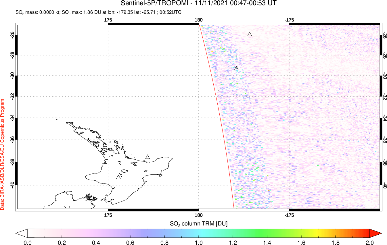 A sulfur dioxide image over New Zealand on Nov 11, 2021.