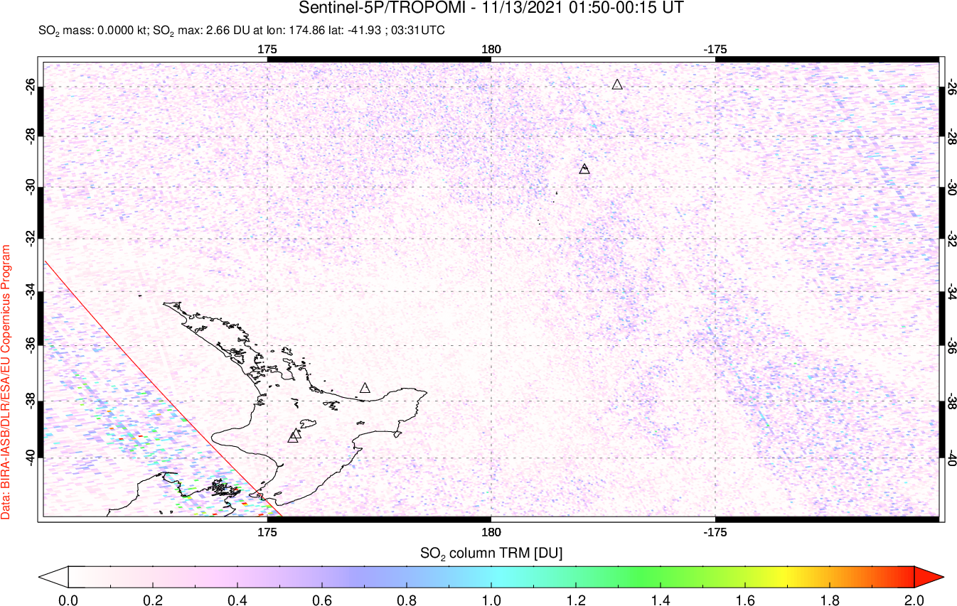 A sulfur dioxide image over New Zealand on Nov 13, 2021.