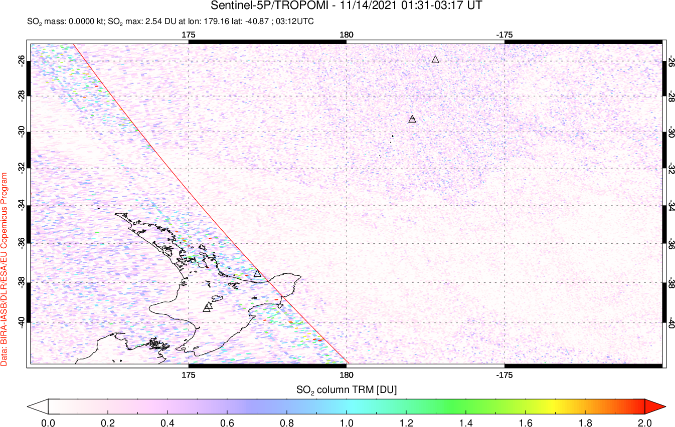 A sulfur dioxide image over New Zealand on Nov 14, 2021.