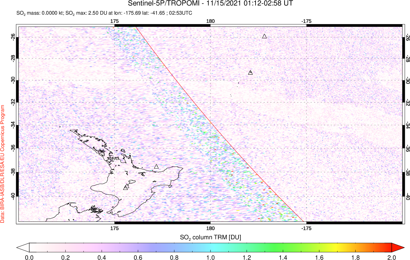 A sulfur dioxide image over New Zealand on Nov 15, 2021.