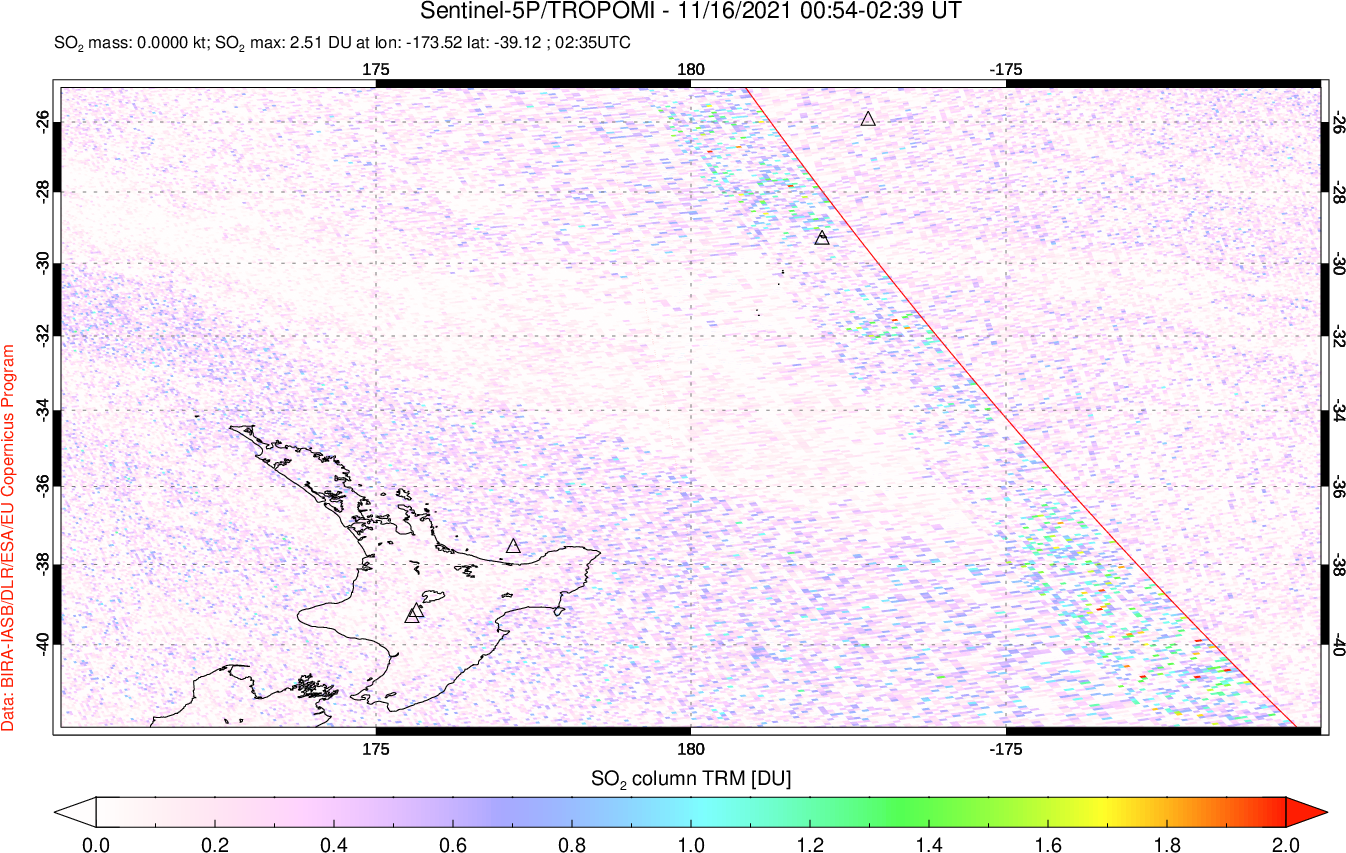 A sulfur dioxide image over New Zealand on Nov 16, 2021.
