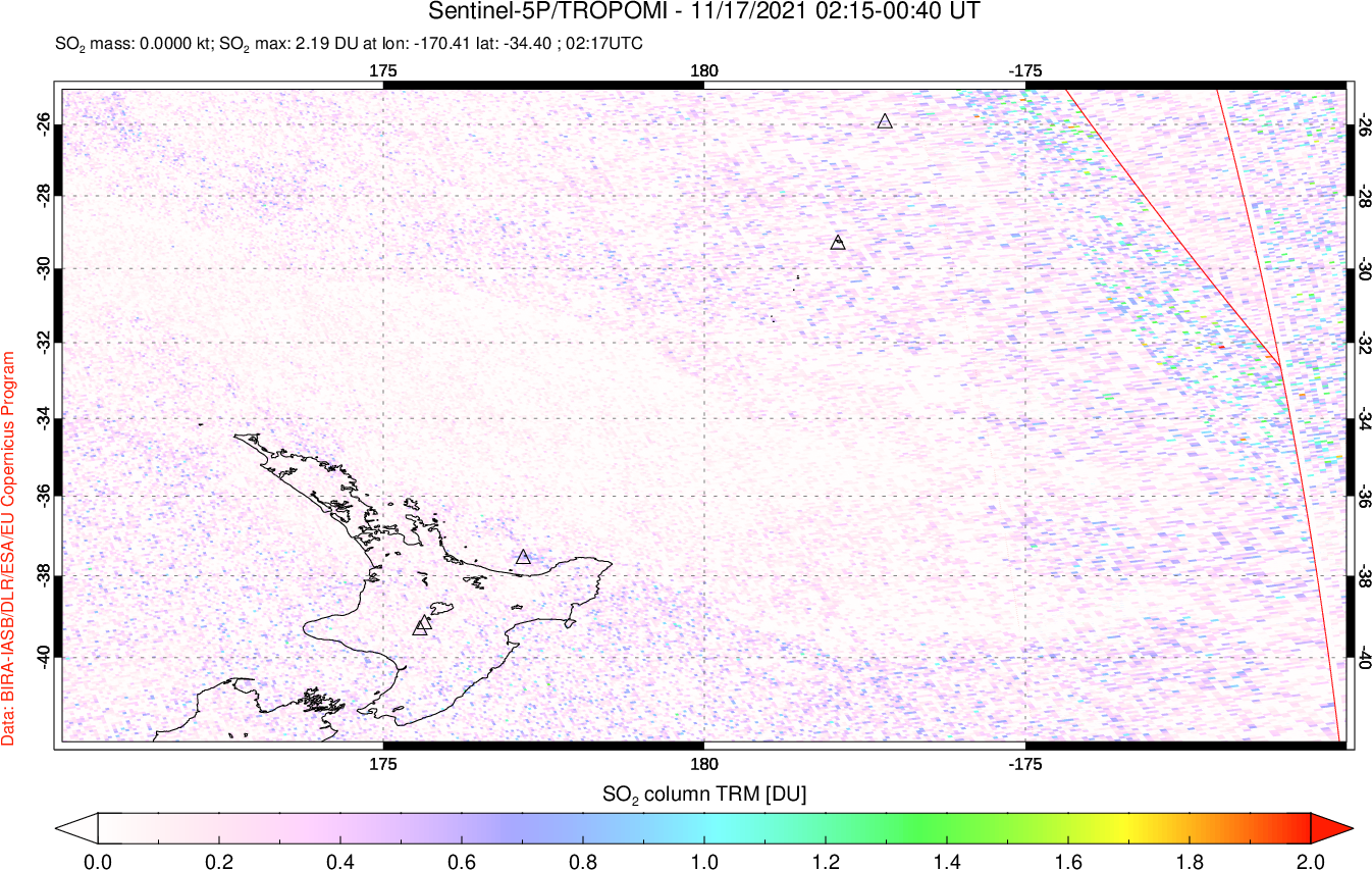 A sulfur dioxide image over New Zealand on Nov 17, 2021.