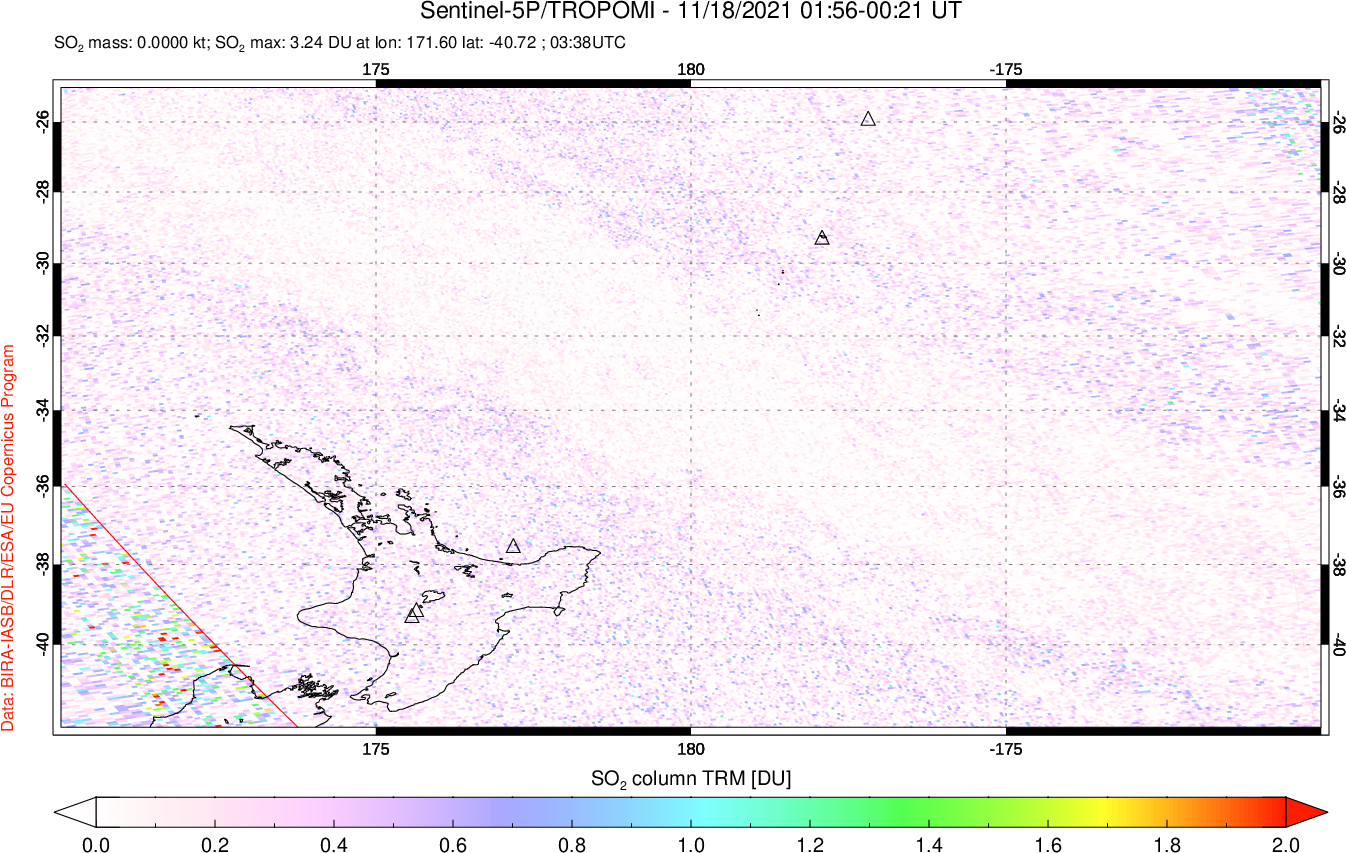 A sulfur dioxide image over New Zealand on Nov 18, 2021.