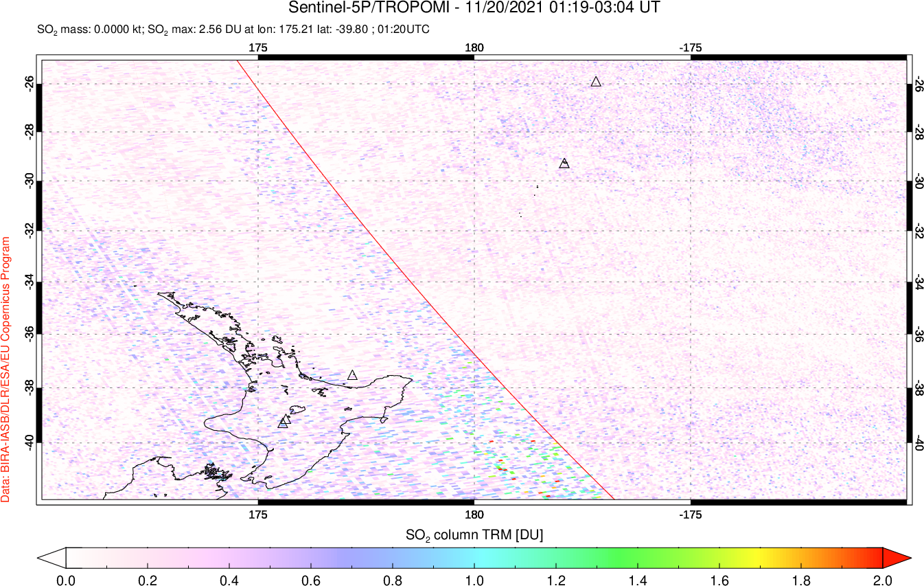 A sulfur dioxide image over New Zealand on Nov 20, 2021.