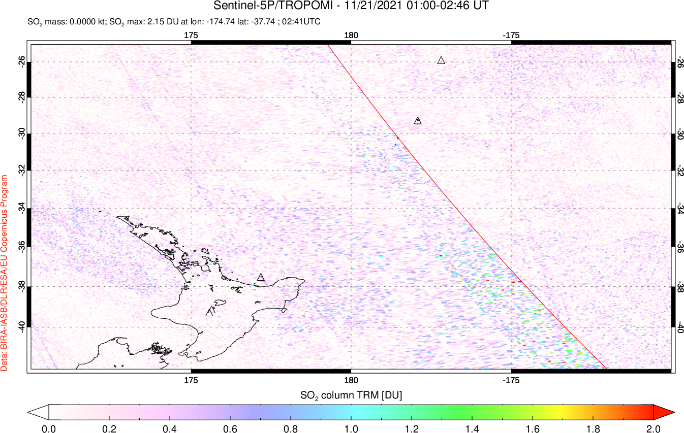 A sulfur dioxide image over New Zealand on Nov 21, 2021.