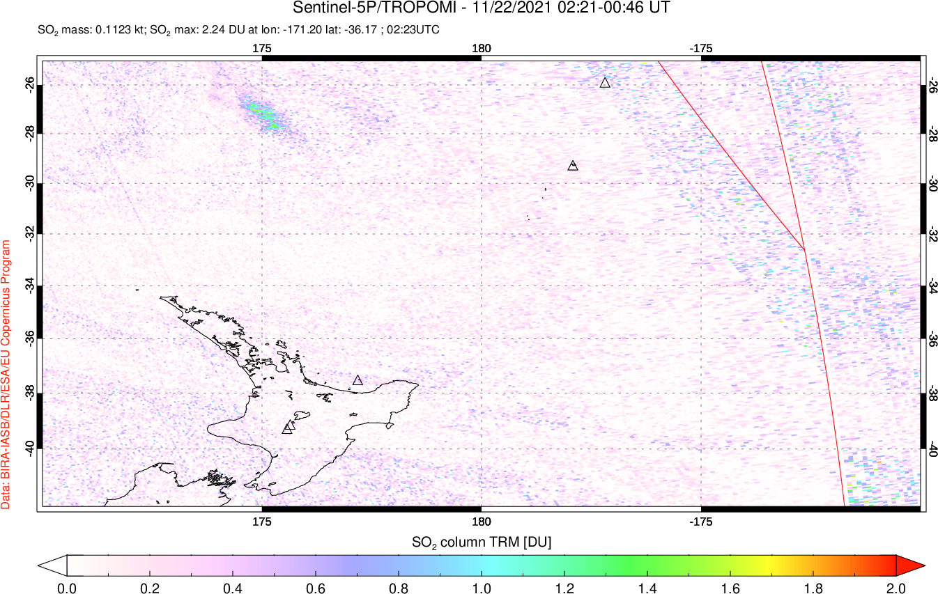 A sulfur dioxide image over New Zealand on Nov 22, 2021.