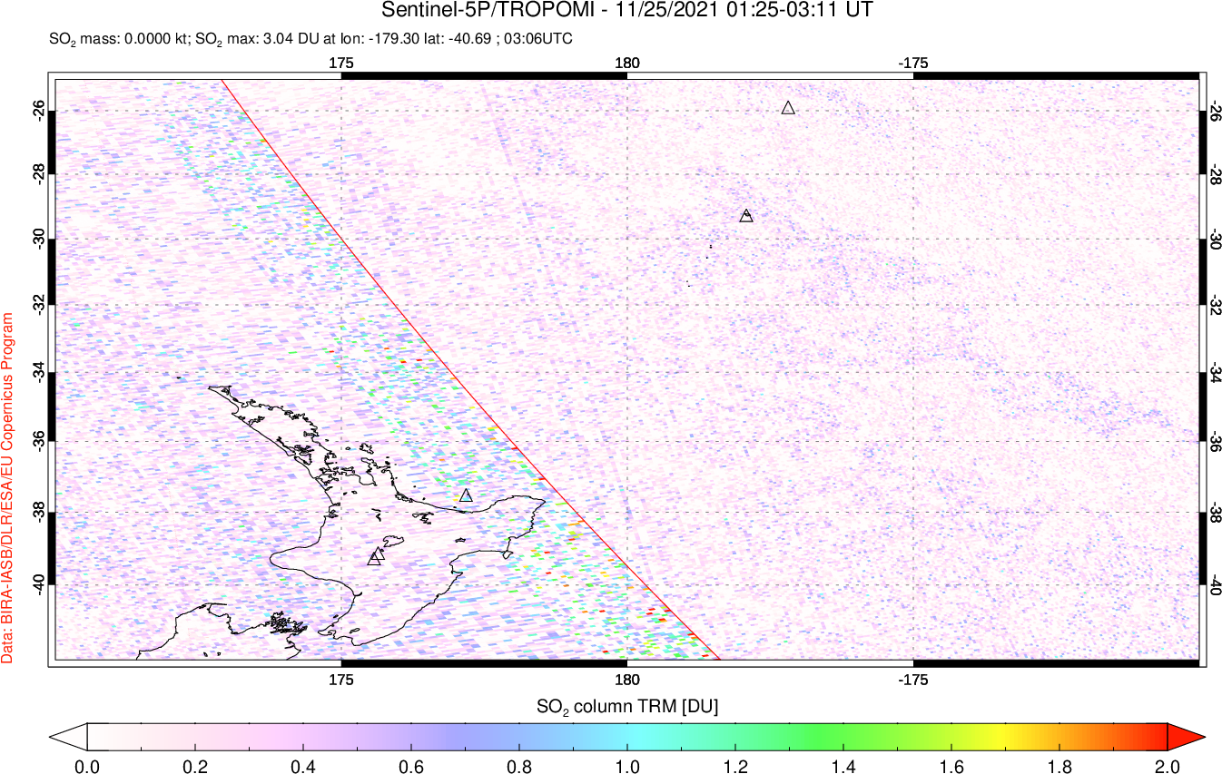 A sulfur dioxide image over New Zealand on Nov 25, 2021.