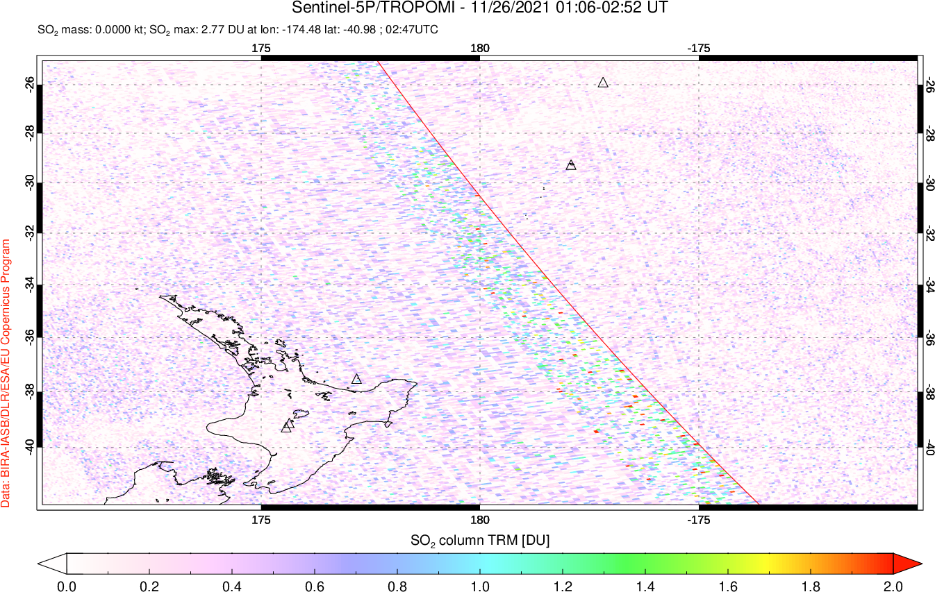 A sulfur dioxide image over New Zealand on Nov 26, 2021.