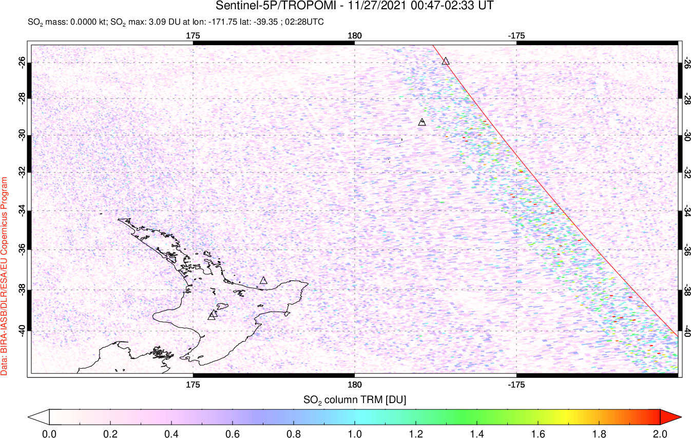 A sulfur dioxide image over New Zealand on Nov 27, 2021.