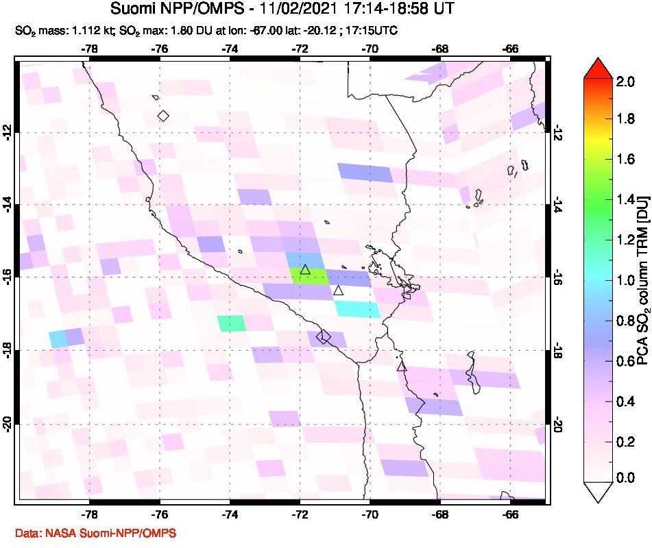 A sulfur dioxide image over Peru on Nov 02, 2021.