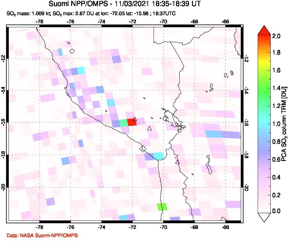 A sulfur dioxide image over Peru on Nov 03, 2021.