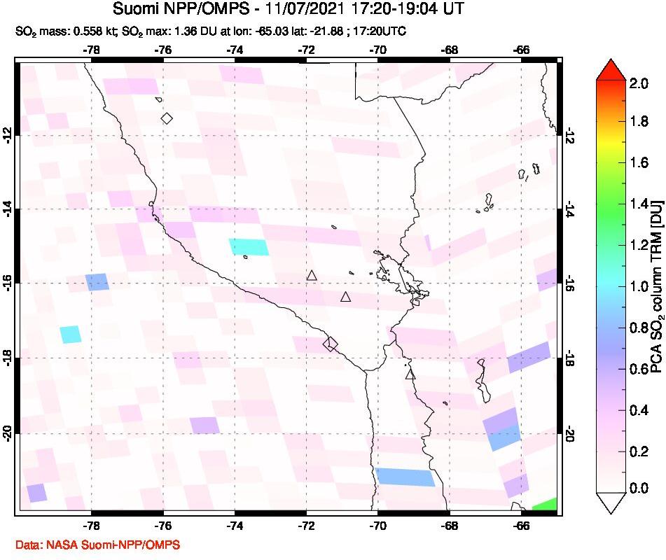 A sulfur dioxide image over Peru on Nov 07, 2021.