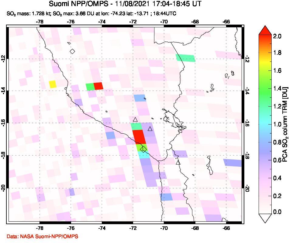 A sulfur dioxide image over Peru on Nov 08, 2021.